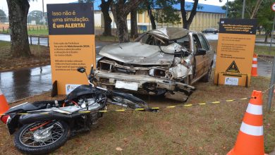 Estrutura do Maio Amarelo com simulação de acidente exposta no Poliesportivo em Franca