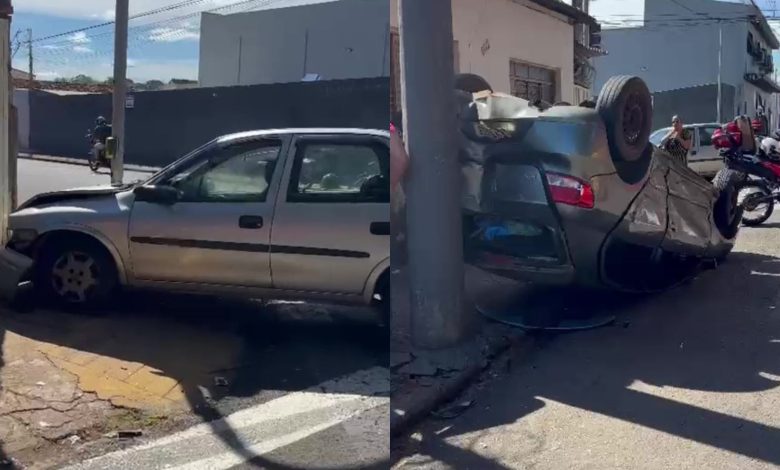 Carro capotado após grave acidente no cruzamento das ruas Minas Gerais e Santa Catarina em Franca
