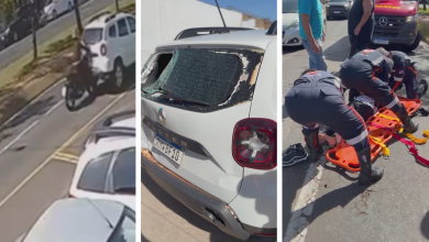 Motocicleta caída na pista após colisão traseira em avenida de Franca