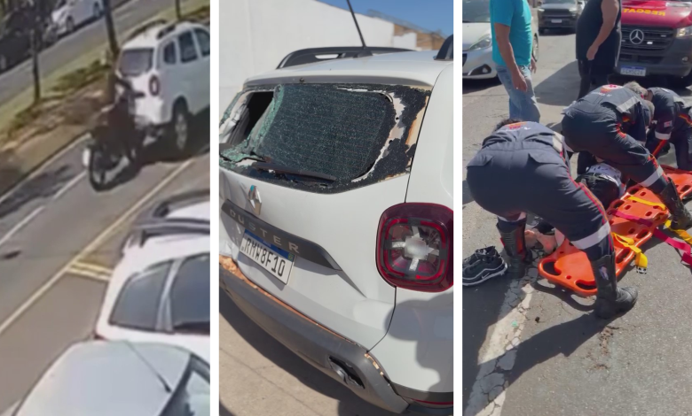 Motocicleta caída na pista após colisão traseira em avenida de Franca