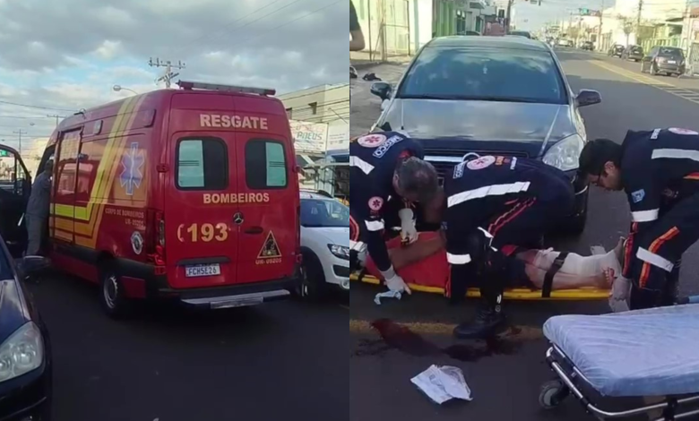 Acidente entre duas motocicletas na Avenida Brasil, na Vila Aparecida, em Franca, com atendimento de equipes de resgate